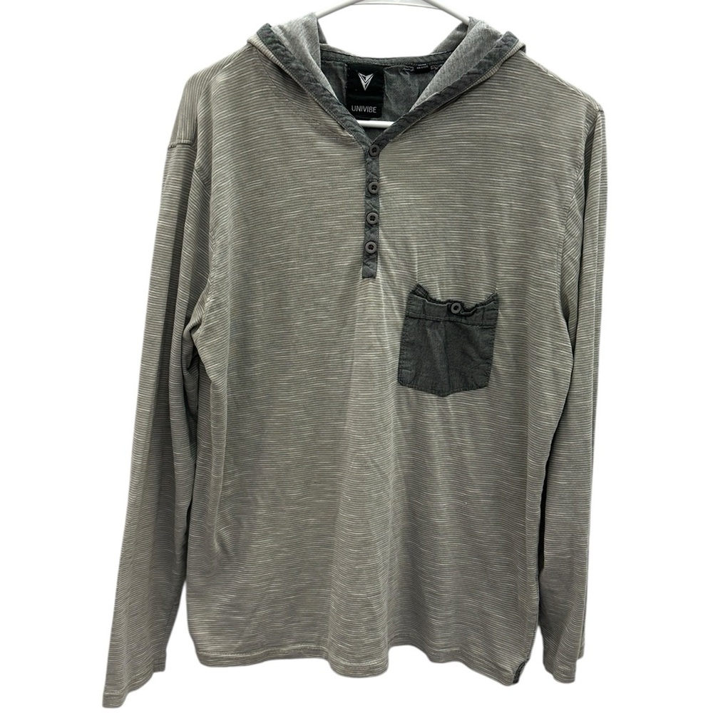 Univibe Gray Henley Long Sleeve Tee Hoodie with Pocket Cotton Blend Medium